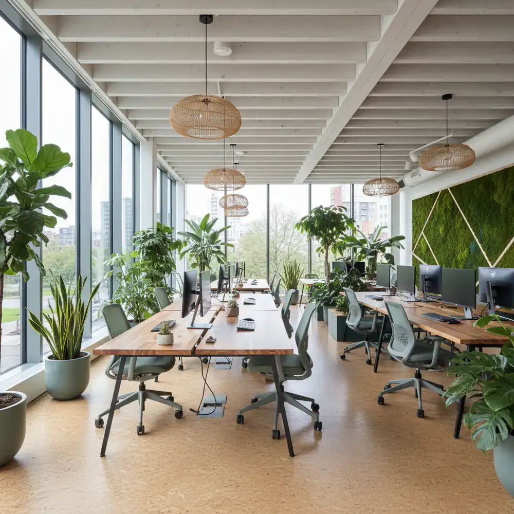 Modern eco-friendly office environment with green plants and clean desks