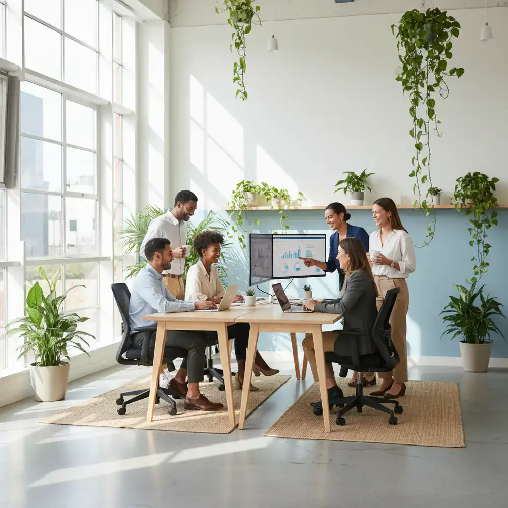 Happy team working in a bright clean office