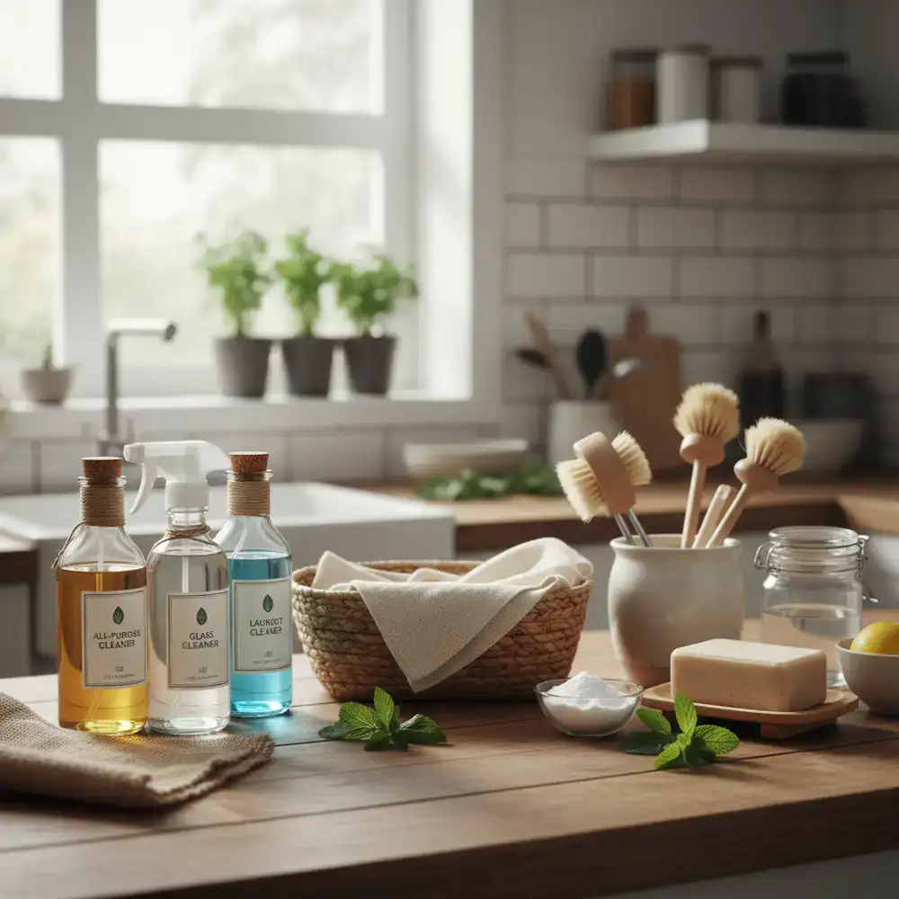 Eco-friendly natural cleaning supplies neatly arranged