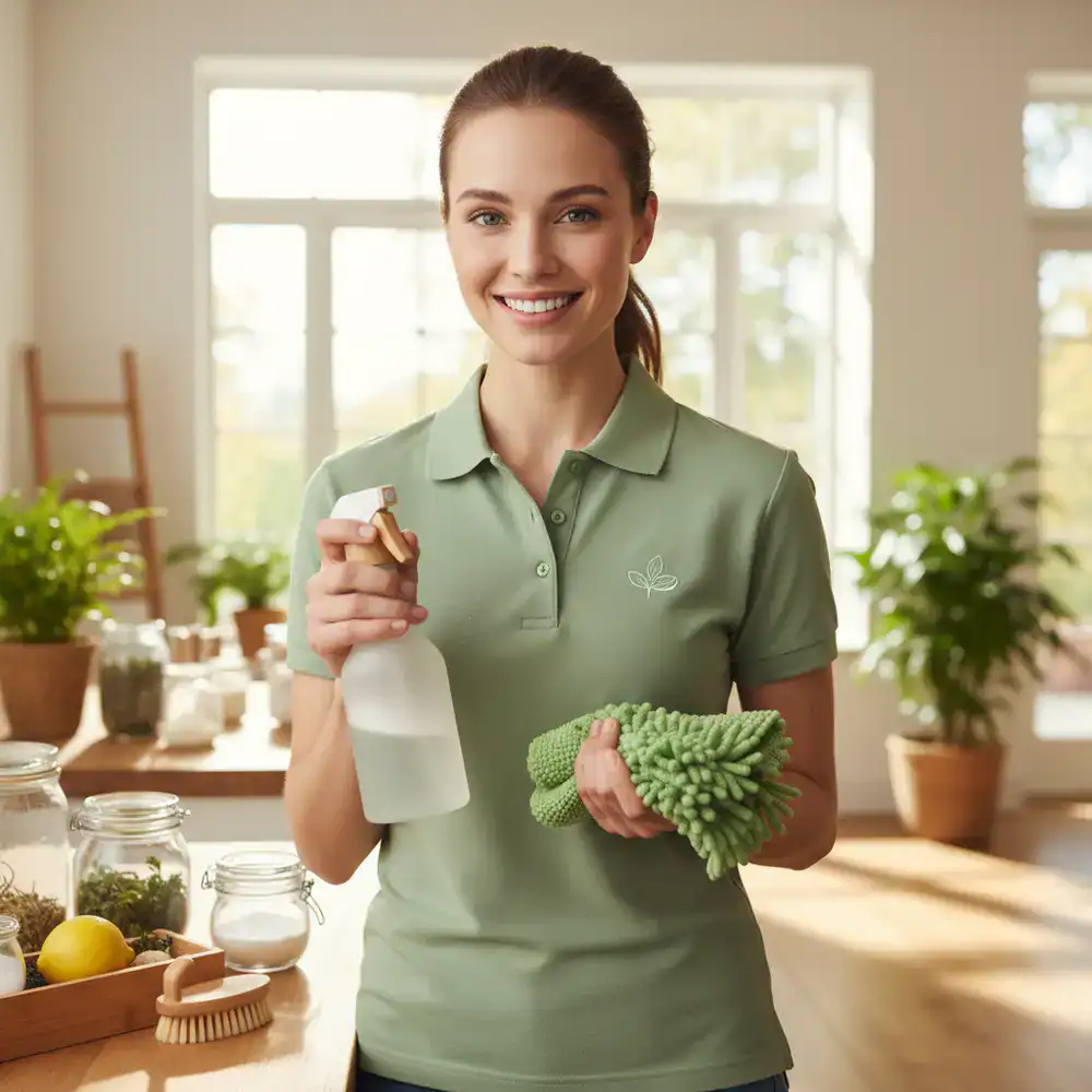Friendly professional representing eco-cleaning service