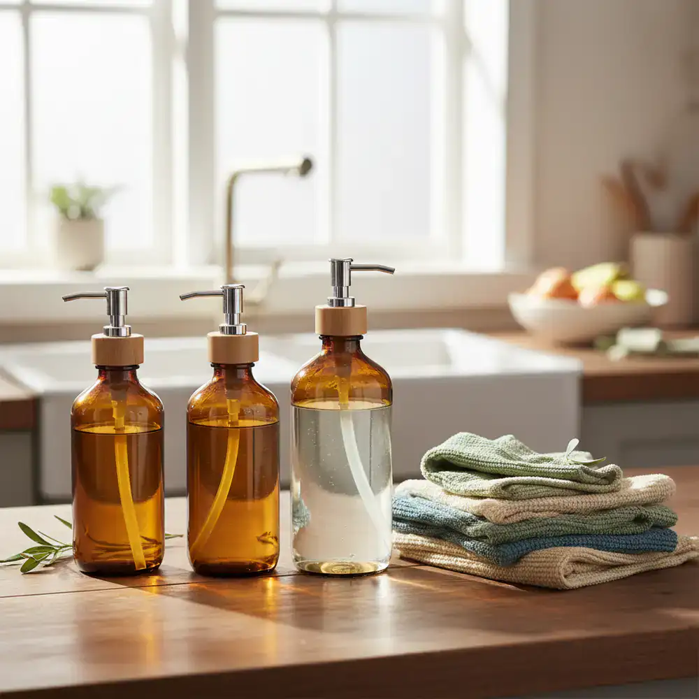 A collection of plant-based cleaning bottles and microfiber cloths