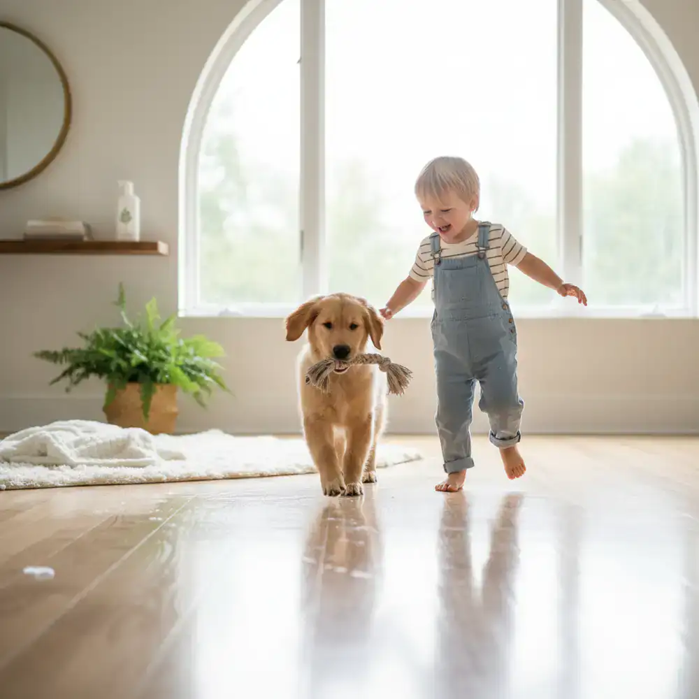 A dog and a child playing on a freshly cleaned floor