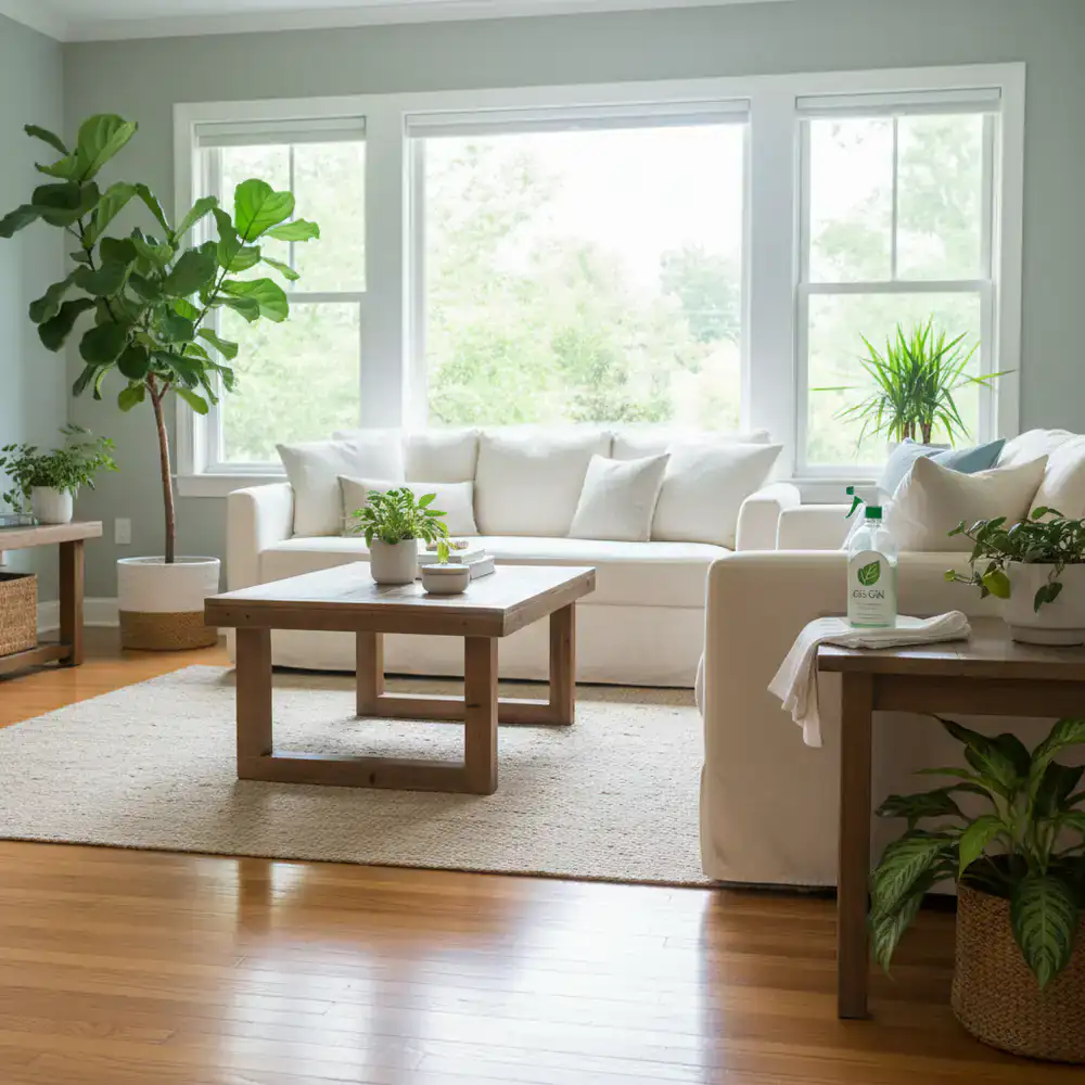 A brightly lit living room cleaned with eco-friendly products