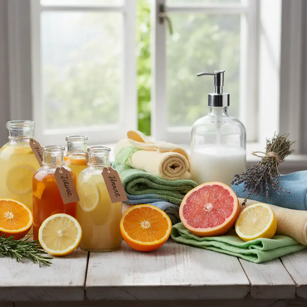 Close up of natural cleaning supplies, citrus extracts, and microfiber cloths