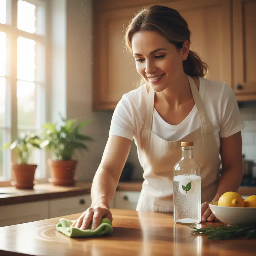 Professional cleaner wiping a surface with natural eco-friendly products