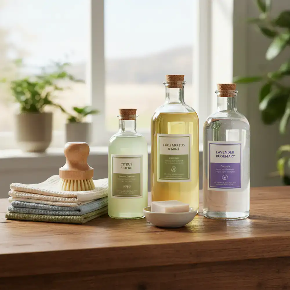Selection of eco-friendly cleaning bottles and cloths