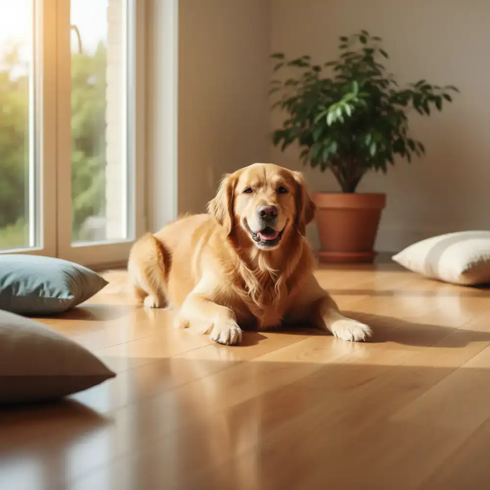 Happy dog resting on a freshly cleaned wooden floor