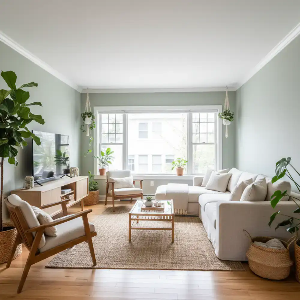 Brightly lit, flawlessly clean living room post-renovation